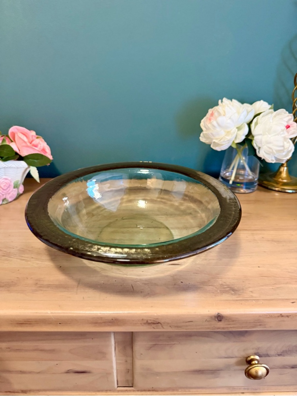 Annieglass Style Roman Glass Bowl Gold Rim Hand Blown 12”